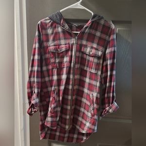 Red and black plaid hooded zip-up shacket